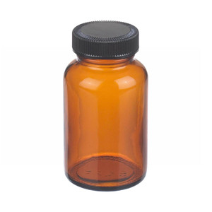 WHEATON® 4oz Amber Wide Mouth Packer Bottles with Cone Lined Caps, case/24