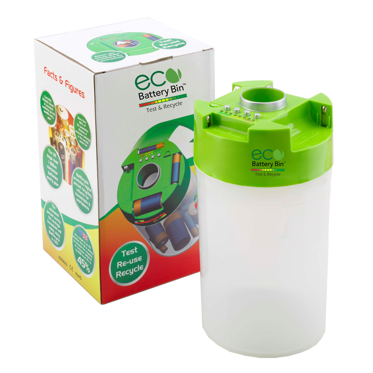 ECO Battery Bin-Test, Store &amp; Recycle AA, AAA, C, D Batteries
