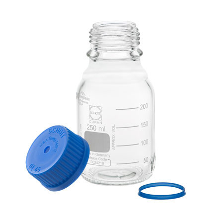 Glass Media Bottles, 250mL, GL-45, Blue Caps, Schott, case/10