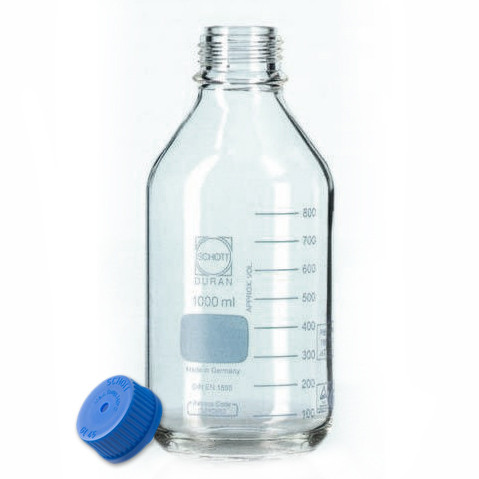 Graduated Pyrex® Media Bottle, Borosilicate Glass, 1000mL, Low Actinic,  GL45, case/4
