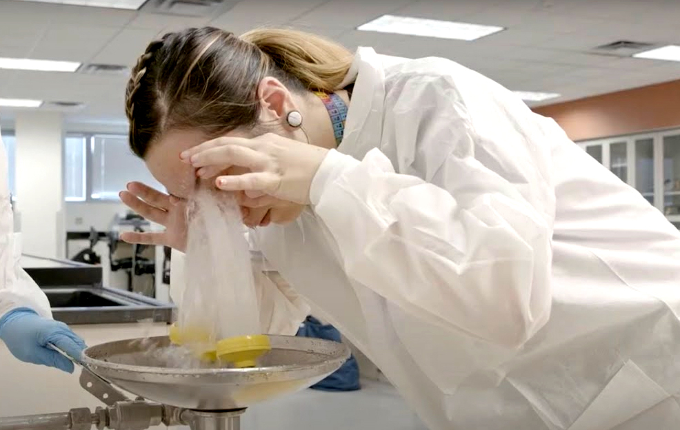 eyewash station in action with student