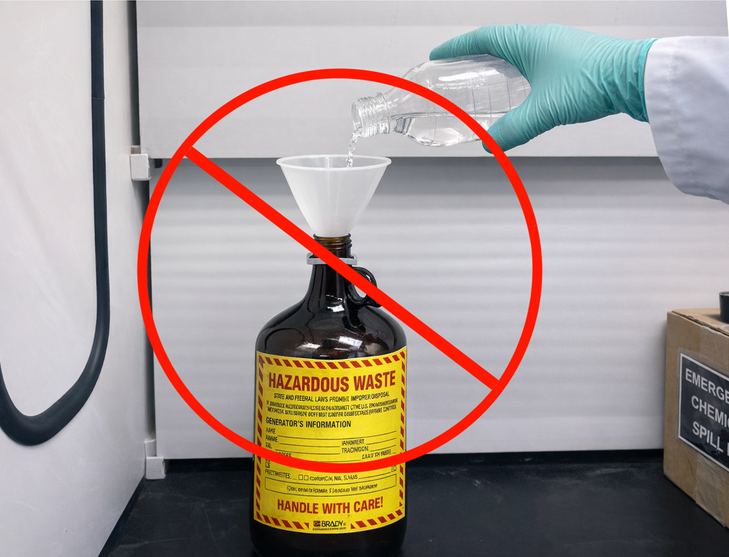 open waste container under a fume hood