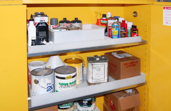 chemicals in a storage cabinet
